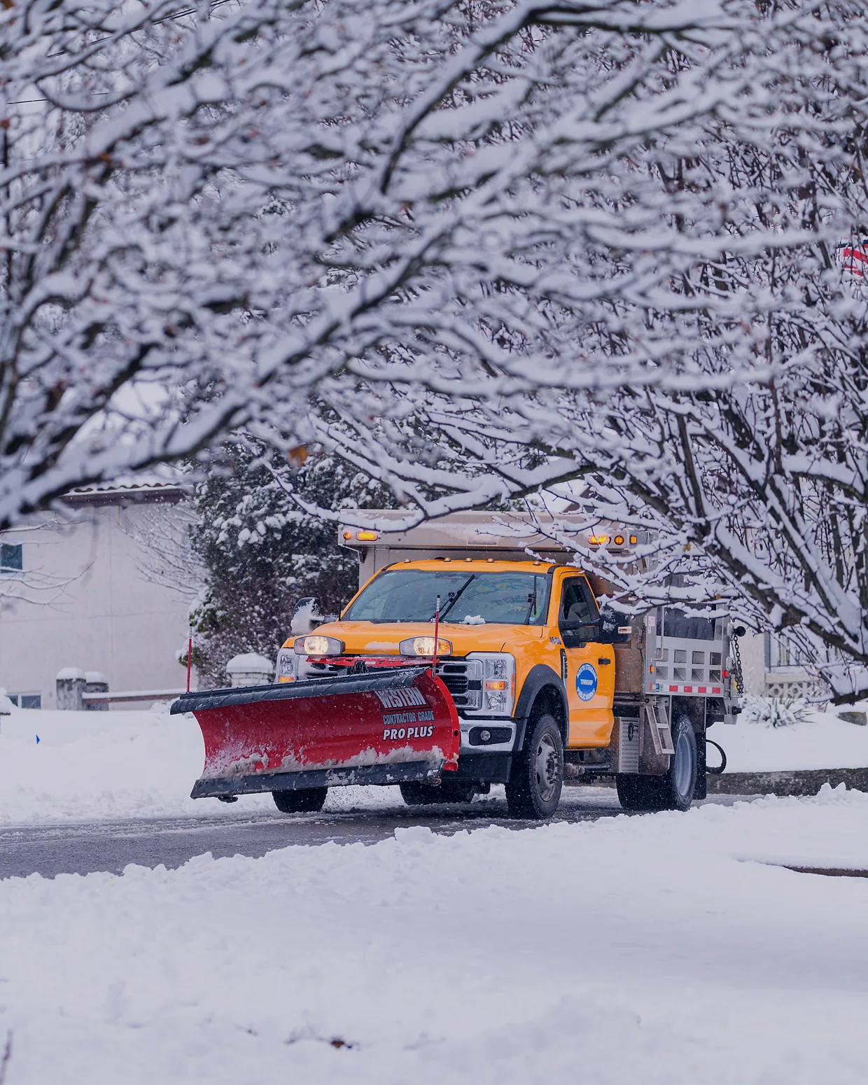 A pickup truck with a plow blade down, clearing a residential street in heavy snow.